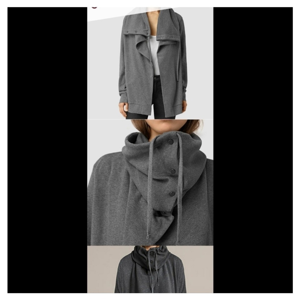 AllSaints Women Cotton Brooke Sweatshirt Jacket S Grey Funnel Neck Leisure Fall